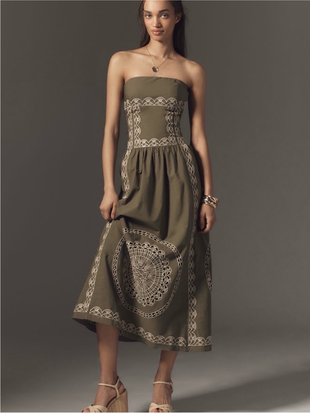 Anthropologie Strapless Drop Waist Embroidered Midi